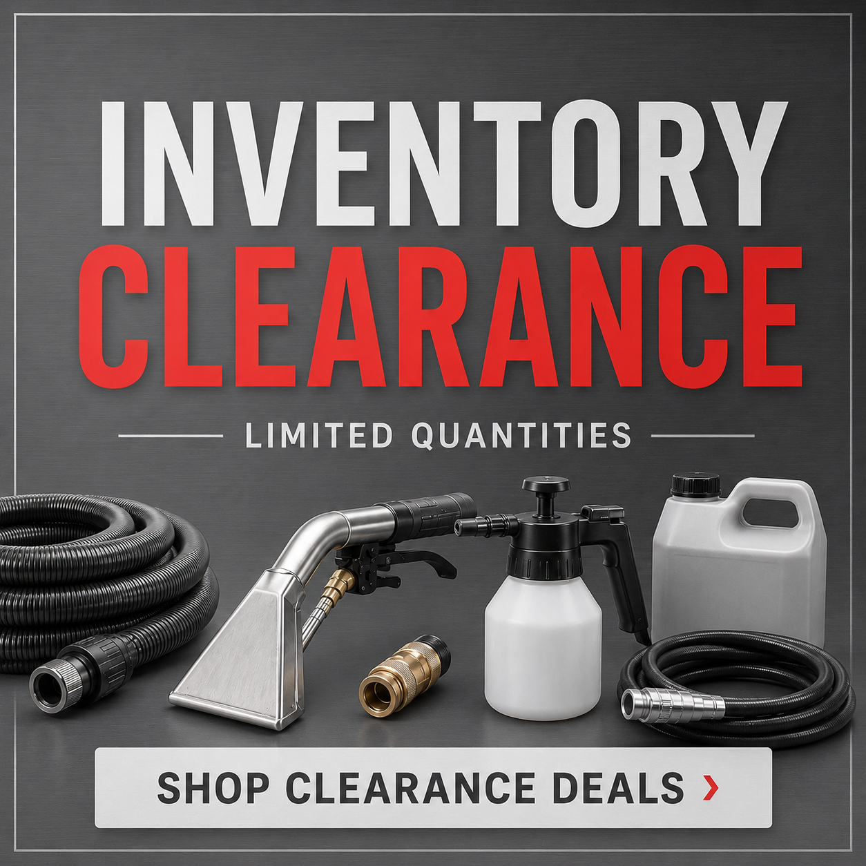 Inventory clearance graphic for Butler Supply Co. featuring professional cleaning supplies, hoses, fittings, sprayer, jug, and cleaning tool with limited quantity clearance deals.